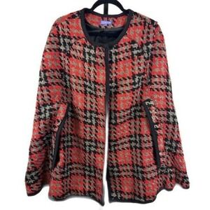 Vivienne Tam Women's Size 12 Red Houndstooth Tweed Collarless Cape Jacket